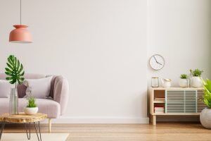 Blog 23 interior wall mockup with sofa cabinet living room with empty white wall background 3d rendering
